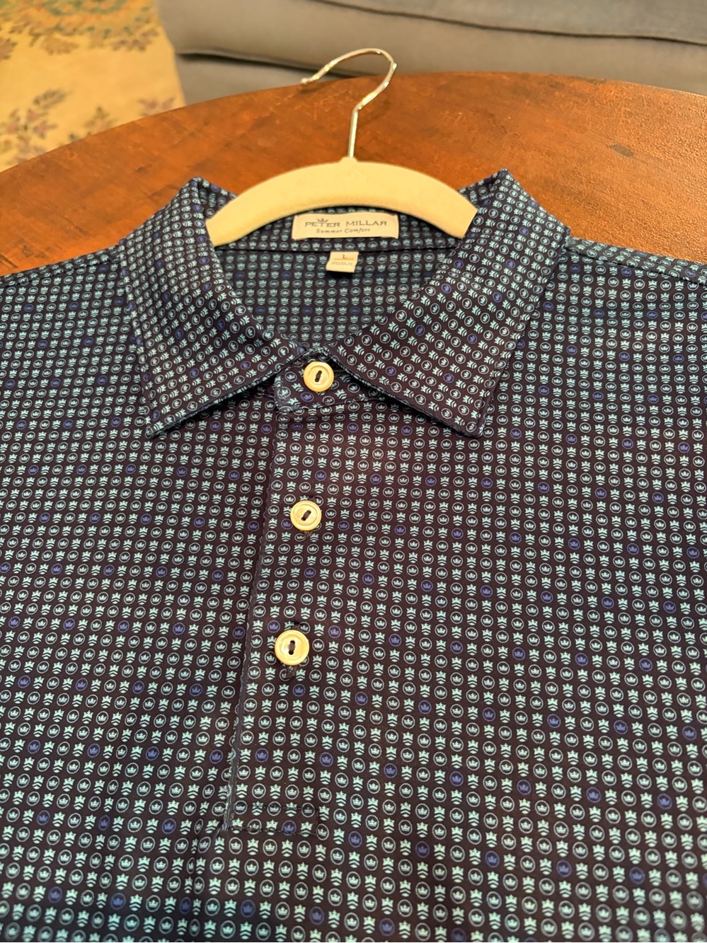 Peter Millar Navy Polo with Light Blue Crown Pattern performance material